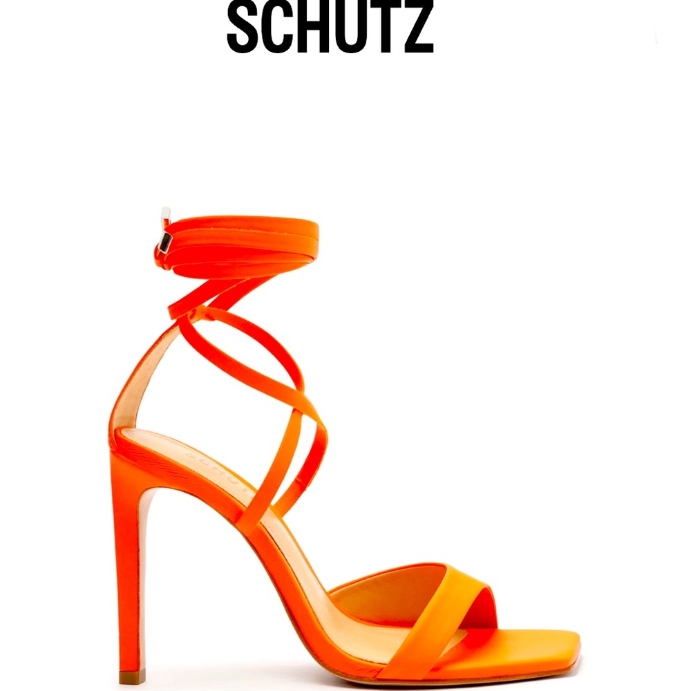 NWT Schutz Stiletto Gladiator Sandal Heels - "Bryce" Neon Orange Square toe 9.5M